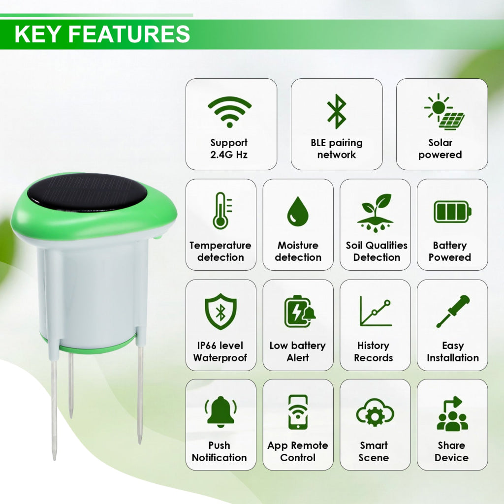 SQM-545 Smart Solar Soil Sensor Wireless Conductivity Moisture Temperature APP Monitoring IP66 Waterproof Works with