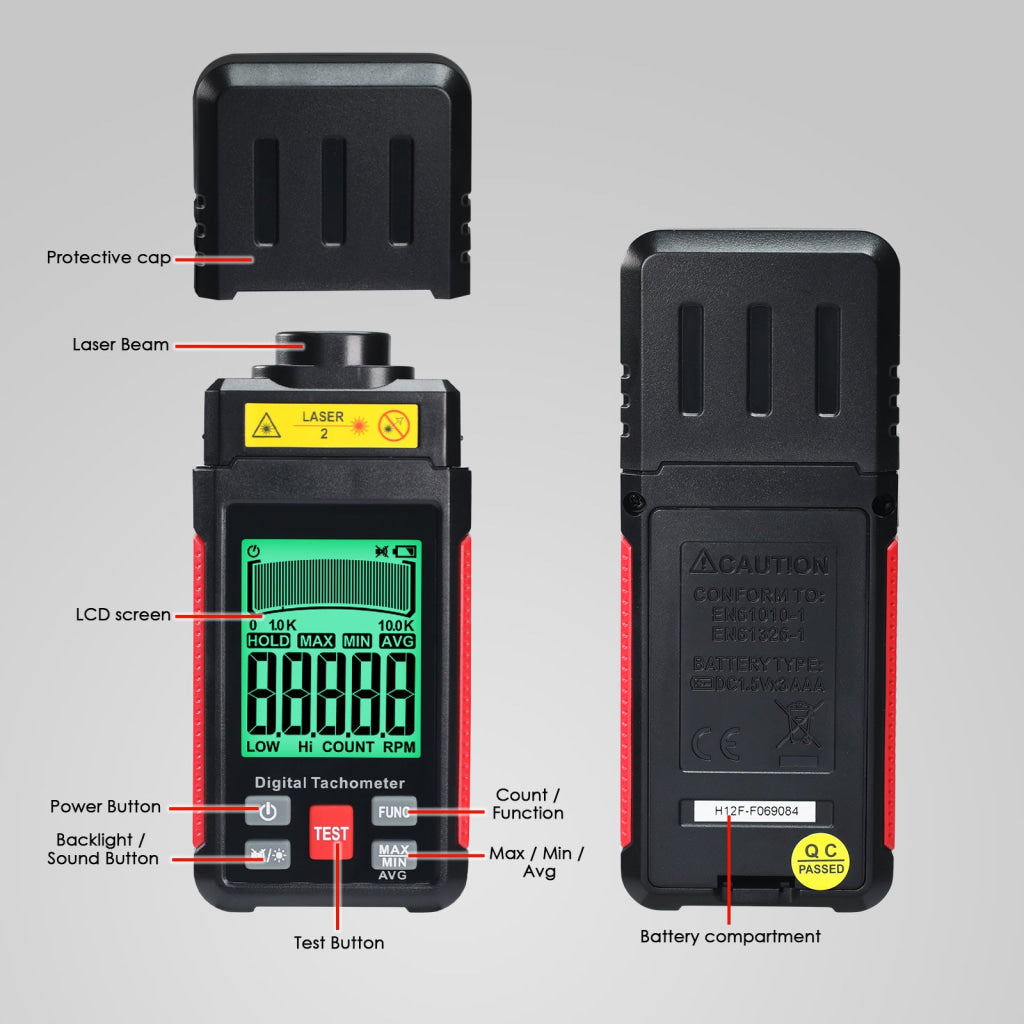 TAC-524 High-Precision Digital Tachometer Non-Contact RPM Laser Tester MAX/MIN/AVG Photoelectric Sensing 10-99999