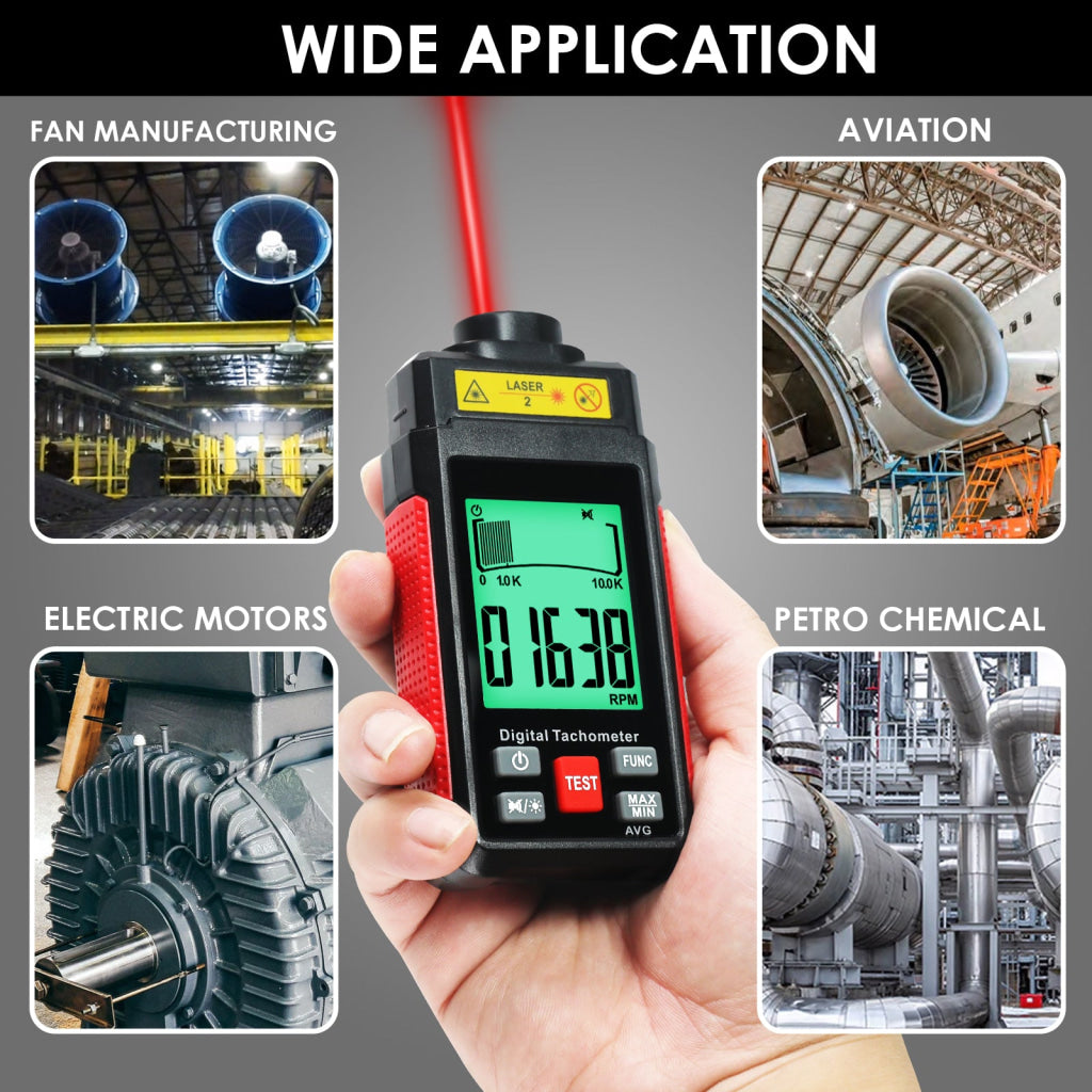 TAC-524 High-Precision Digital Tachometer Non-Contact RPM Laser Tester MAX/MIN/AVG Photoelectric Sensing 10-99999