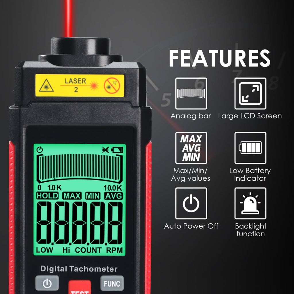 TAC-524 High-Precision Digital Tachometer Non-Contact RPM Laser Tester MAX/MIN/AVG Photoelectric Sensing 10-99999