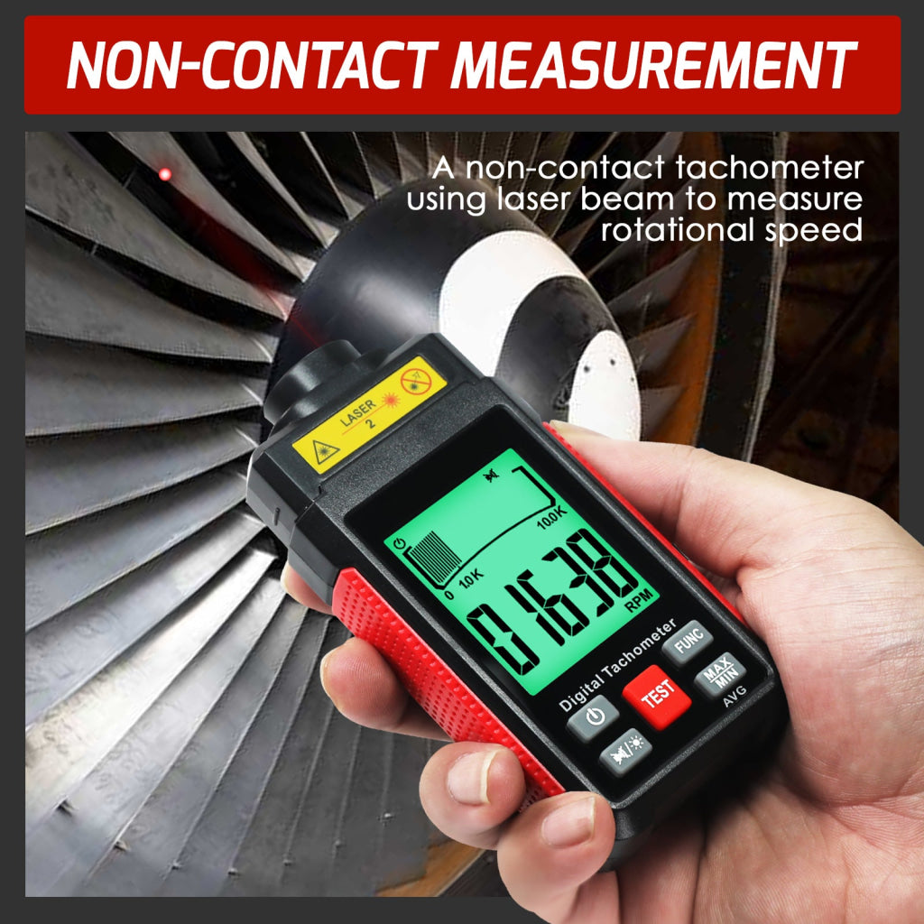 TAC-524 High-Precision Digital Tachometer Non-Contact RPM Laser Tester MAX/MIN/AVG Photoelectric Sensing 10-99999