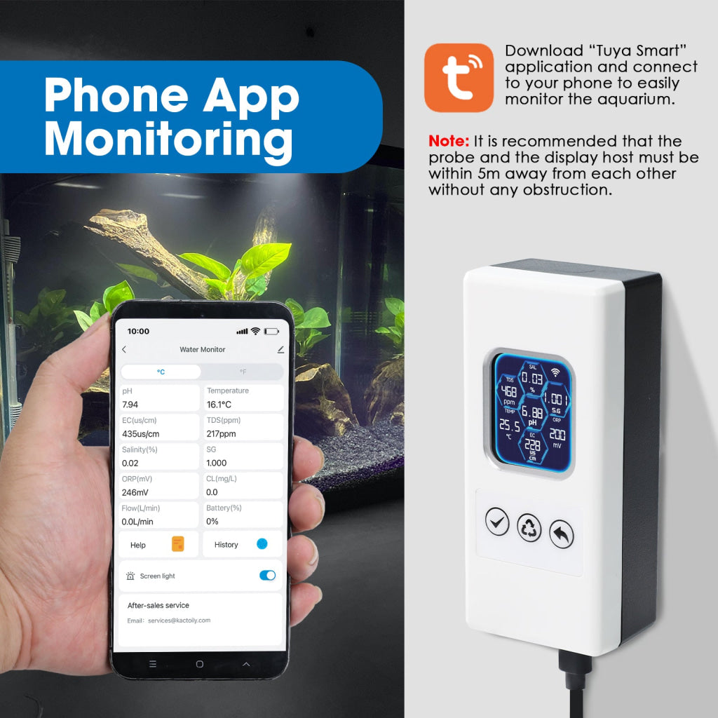 WQM-504 Smart Aquarium Water Quality Monitor – 7-in-1 Real-Time Water Tester for pH Temperature TDS EC Salinity