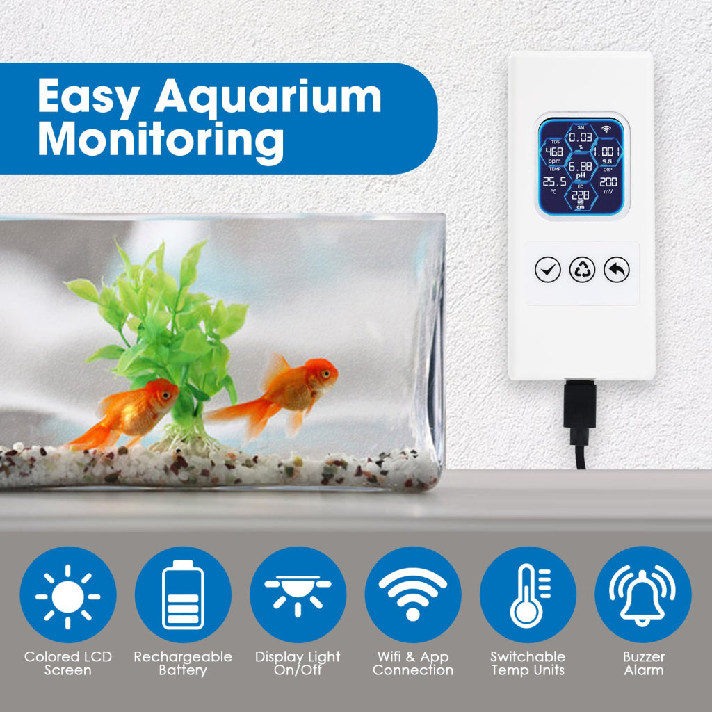 WQM-504 Smart Aquarium Water Quality Monitor – 7-in-1 Real-Time Water Tester for pH Temperature TDS EC Salinity