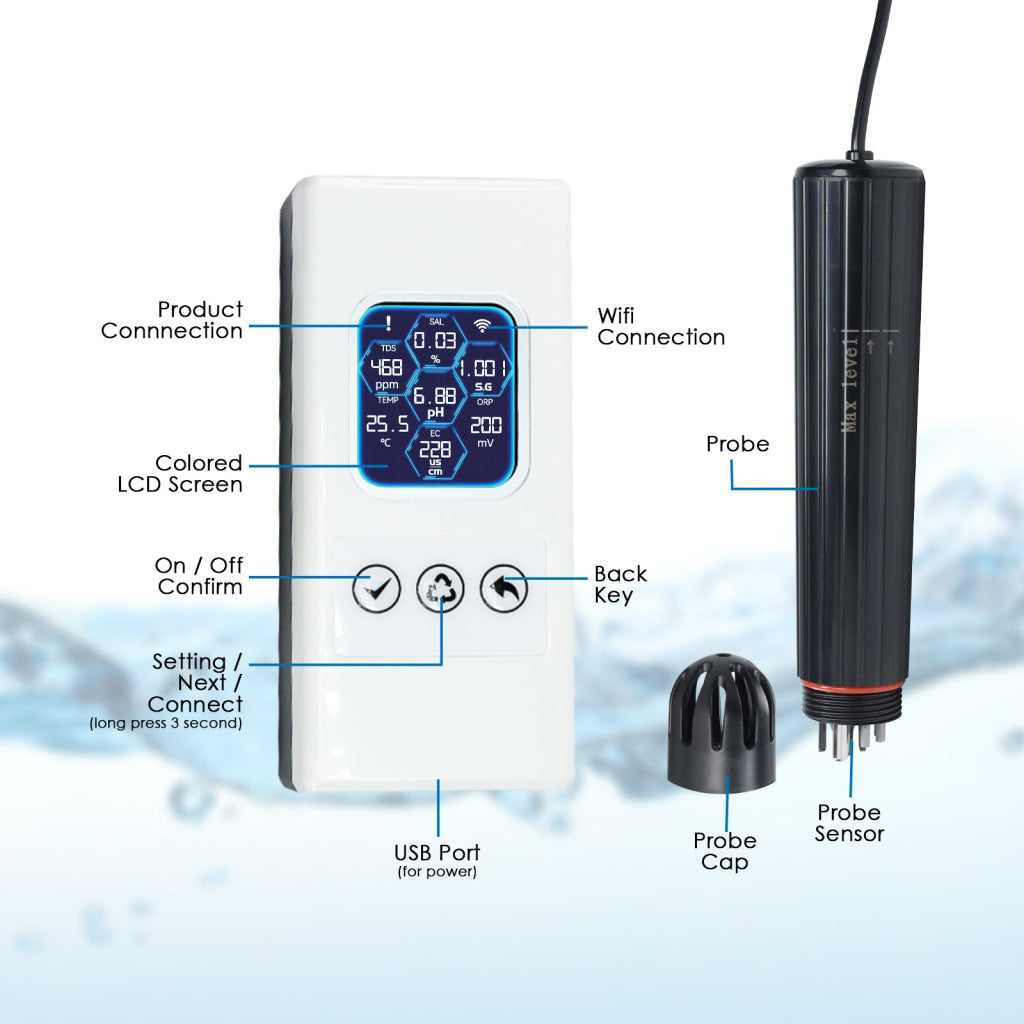 WQM-504 Smart Aquarium Water Quality Monitor – 7-in-1 Real-Time Water Tester for pH Temperature TDS EC Salinity