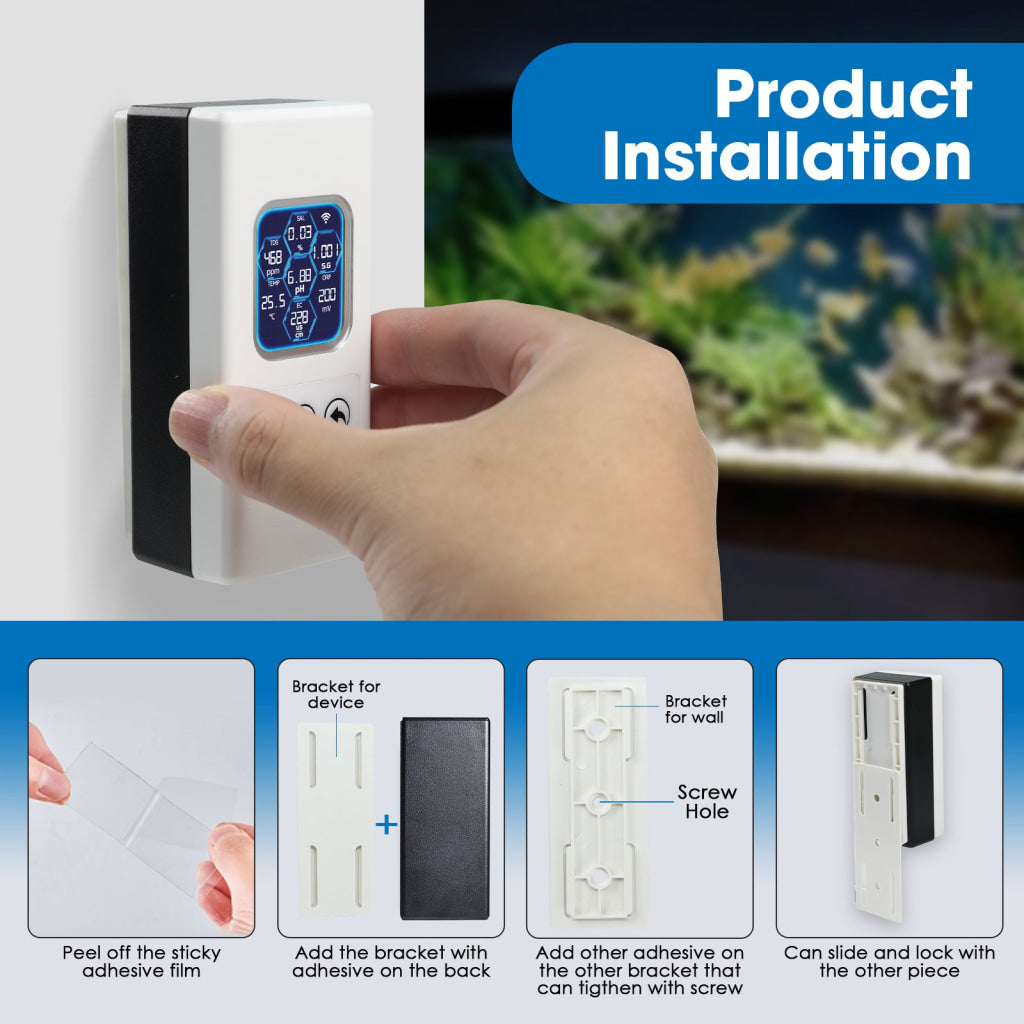 WQM-504 Smart Aquarium Water Quality Monitor – 7-in-1 Real-Time Water Tester for pH Temperature TDS EC Salinity