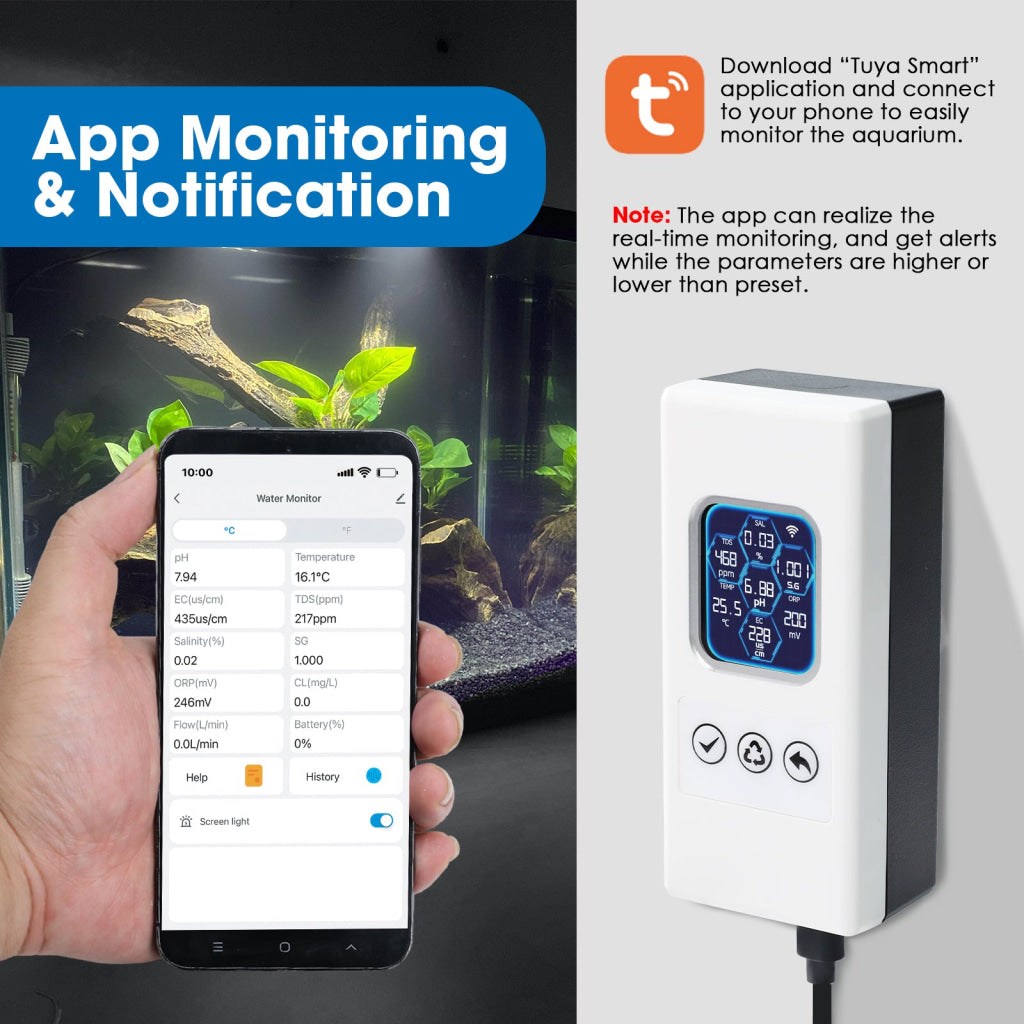 WQM-504 Smart Aquarium Water Quality Monitor – 7-in-1 Real-Time Water Tester for pH Temperature TDS EC Salinity