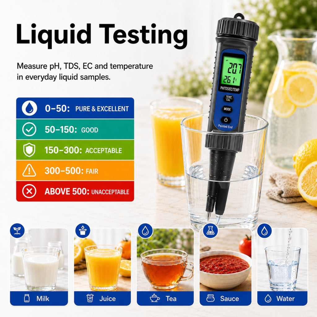 WQM-559 Digital 4-in-1 Food pH Tester Pentype pH TDS EC Temperature Meter with Replaceable Probe ATC Backlit Display
