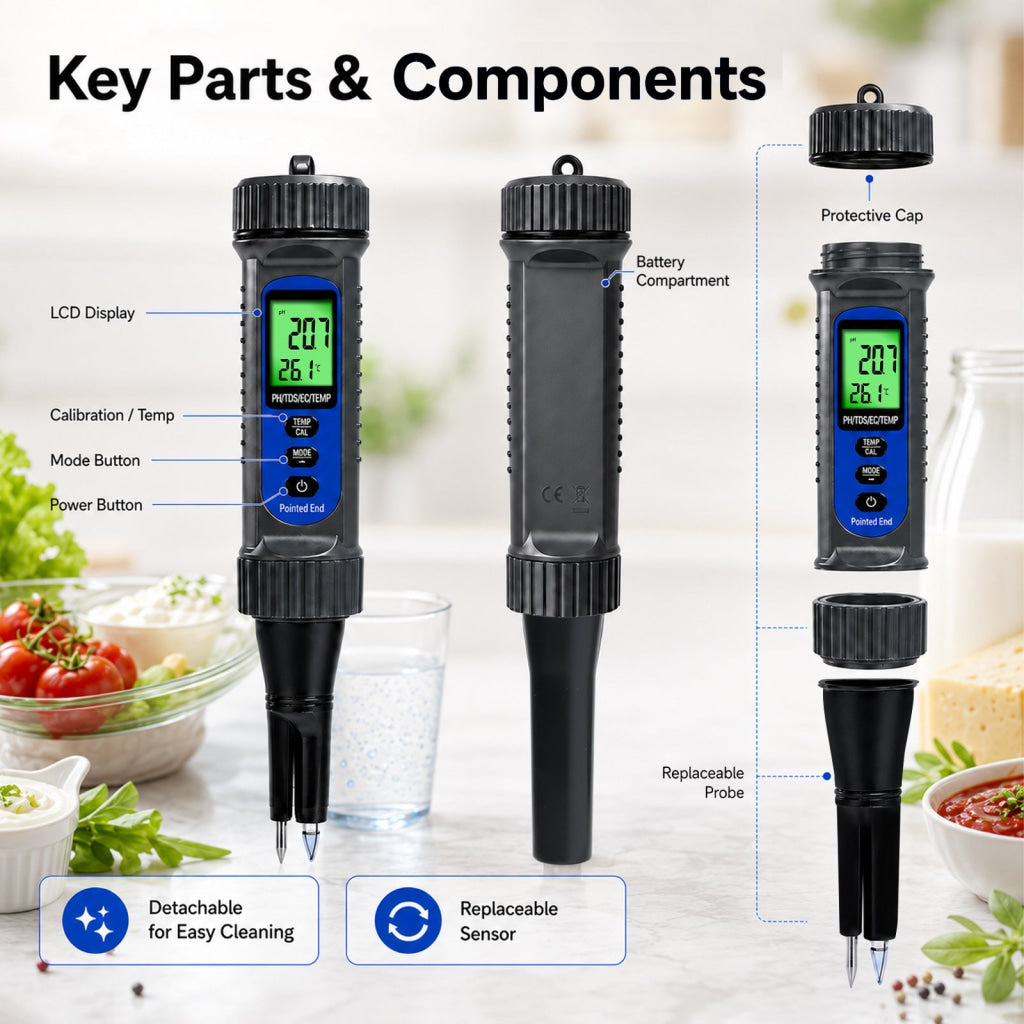 WQM-559 Digital 4-in-1 Food pH Tester Pentype pH TDS EC Temperature Meter with Replaceable Probe ATC Backlit Display