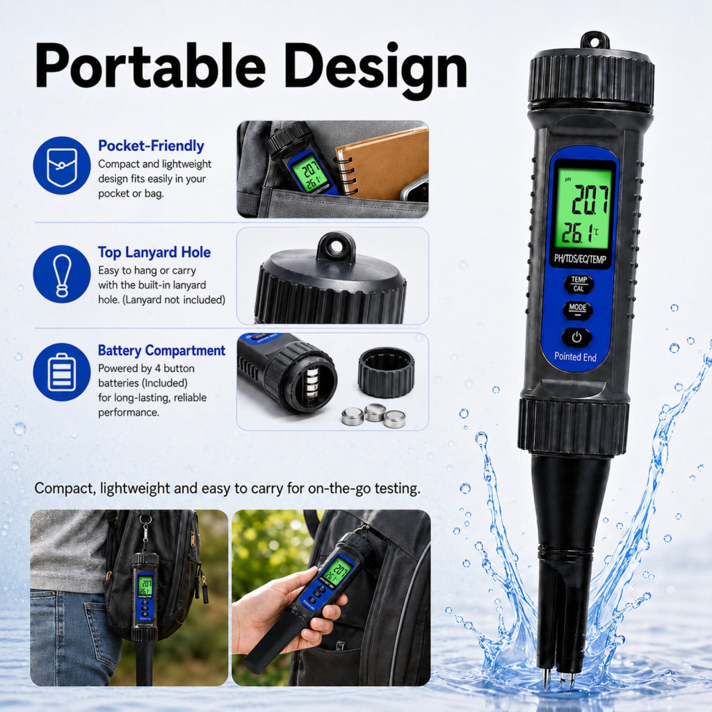 WQM-559 Digital 4-in-1 Food pH Tester Pentype pH TDS EC Temperature Meter with Replaceable Probe ATC Backlit Display