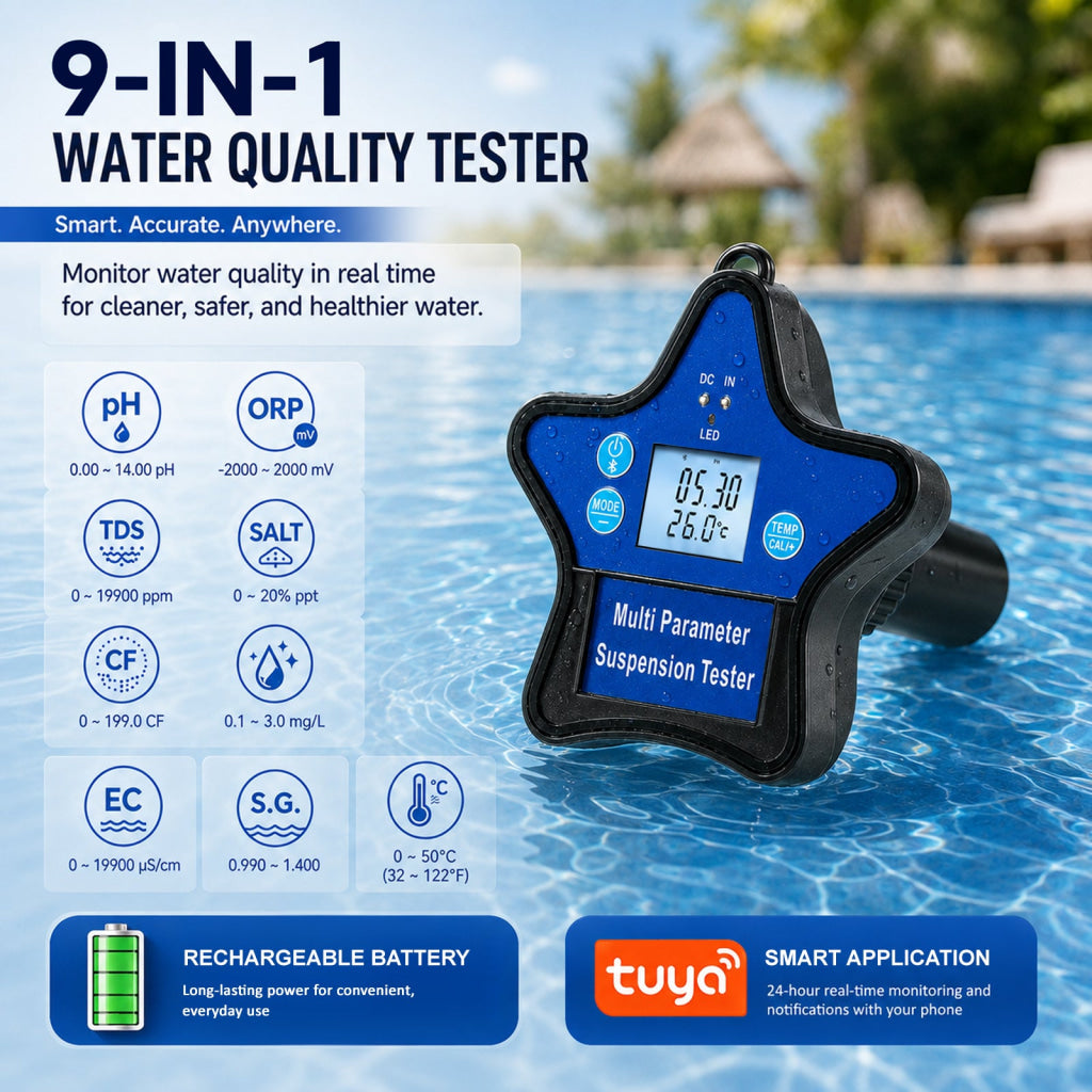 WQM-560 Floating Water Quality Tester 9-in-1 pH ORP Chlorine EC CF TDS Salt S.G. Temp Smart Tuya App Compatible with