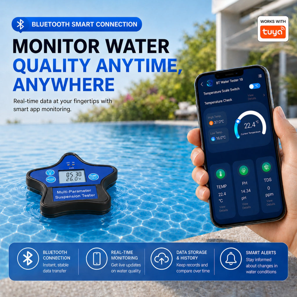 WQM-560 Floating Water Quality Tester 9-in-1 pH ORP Chlorine EC CF TDS Salt S.G. Temp Smart Tuya App Compatible with