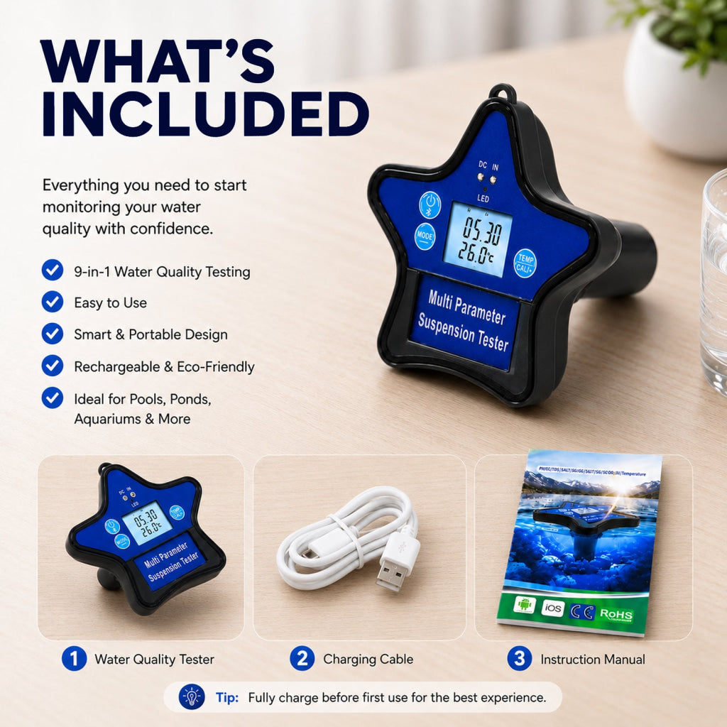 WQM-560 Floating Water Quality Tester 9-in-1 pH ORP Chlorine EC CF TDS Salt S.G. Temp Smart Tuya App Compatible with