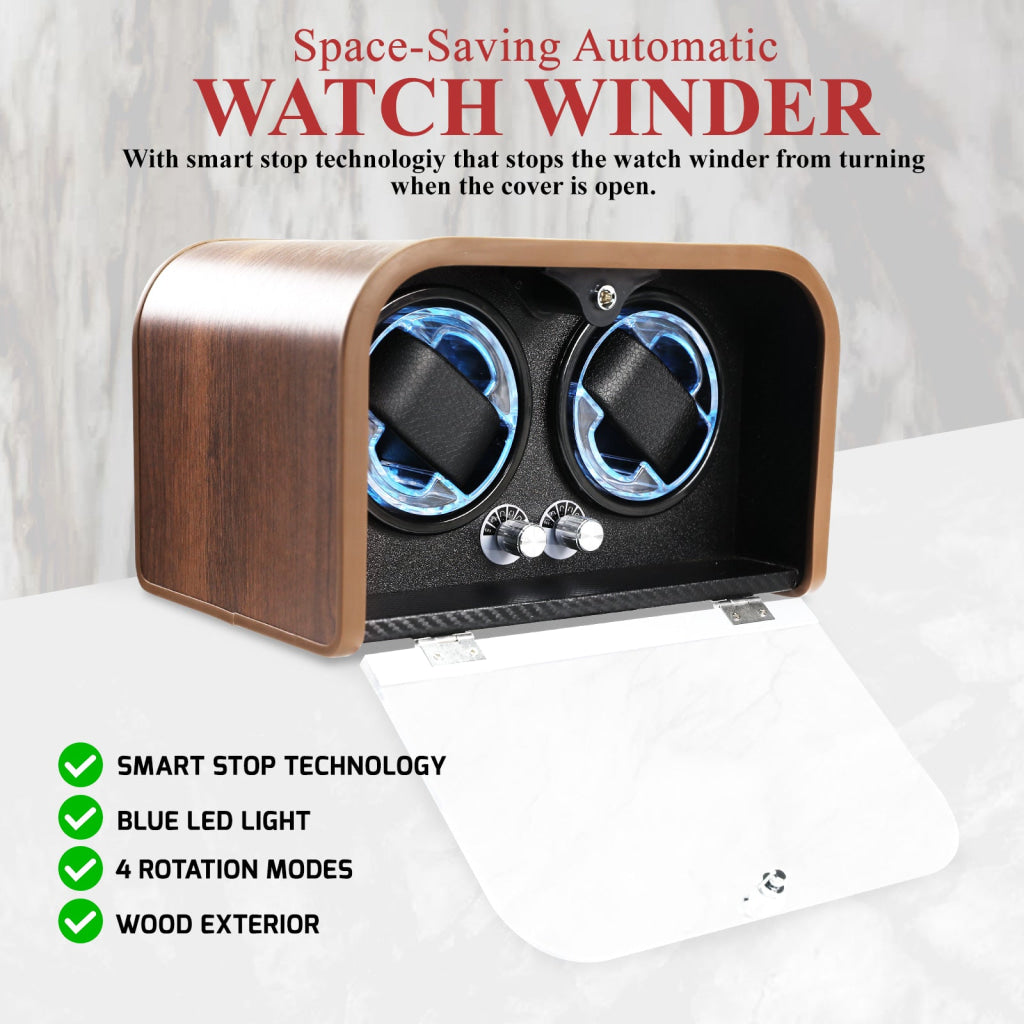 WWR-532 Automatic Watch Winder for Two Automatic Watches – 4 Rotation Modes Smart Stop Technology Blue LED Display