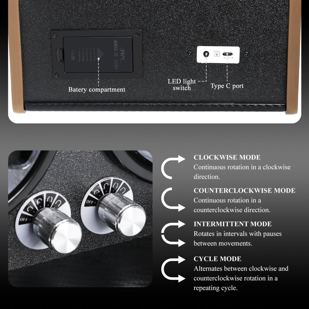 WWR-532 Automatic Watch Winder for Two Automatic Watches – 4 Rotation Modes Smart Stop Technology Blue LED Display