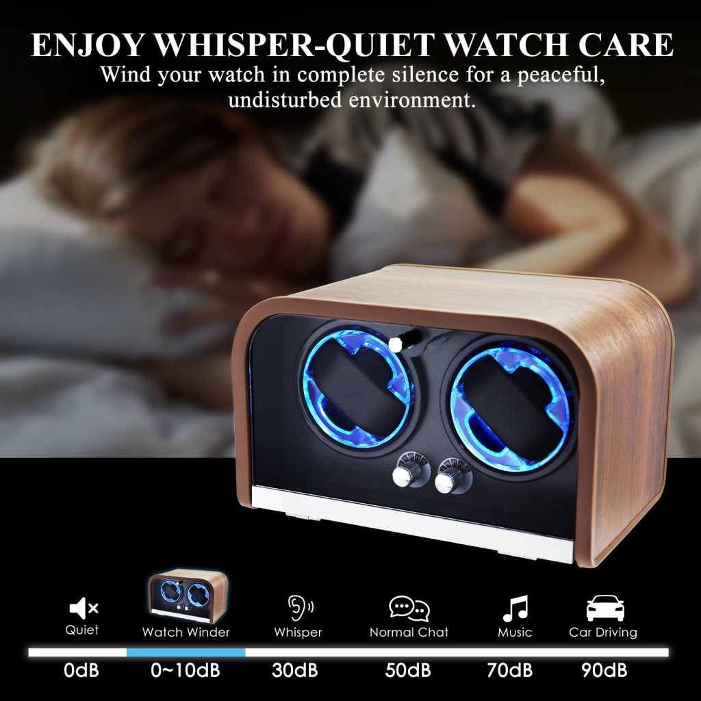 WWR-532 Automatic Watch Winder for Two Automatic Watches – 4 Rotation Modes Smart Stop Technology Blue LED Display