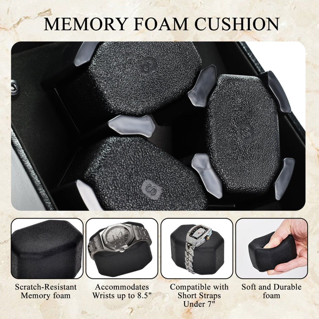 WWR-533 Automatic Watch Winder for 3 Watches Whisper Quiet Motor with Smart Light Sensor 2 Rotation Modes Memory Foam