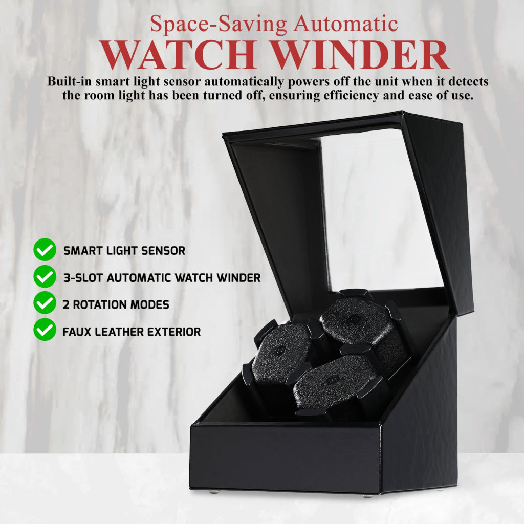 WWR-533 Automatic Watch Winder for 3 Watches Whisper Quiet Motor with Smart Light Sensor 2 Rotation Modes Memory Foam