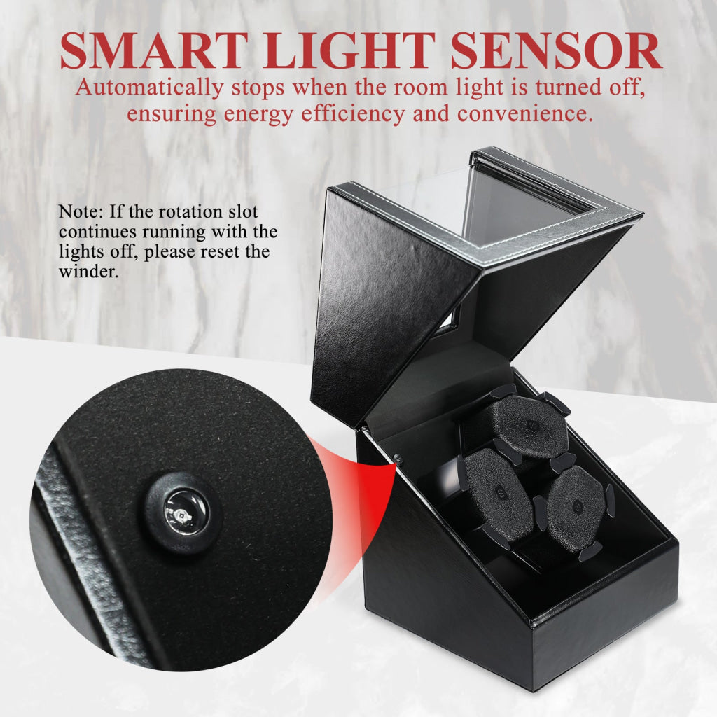 WWR-533 Automatic Watch Winder for 3 Watches Whisper Quiet Motor with Smart Light Sensor 2 Rotation Modes Memory Foam