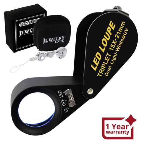 Gem-247 15X 21Mm Optic Glass Loupe 6 Led & Uv Light Magnifier Jeweler Foldaway Pocket Black Frame
