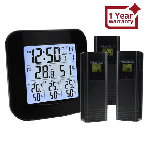 WEA-46 Digital Weather Station with Thermometer and Hygrometer 3 Indoor/ Outdoor Wireless Sensors, Alarm Clock for Temperature and Humidity measurement