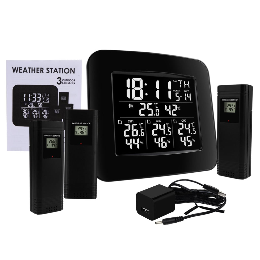 WEA-288 Digital Wireless Weather Station Indoor Outdoor Temperature and Humidity Measure Hygrometer 3 Sensor, °C/°F Black LED Light Display, Alarm Clock Function