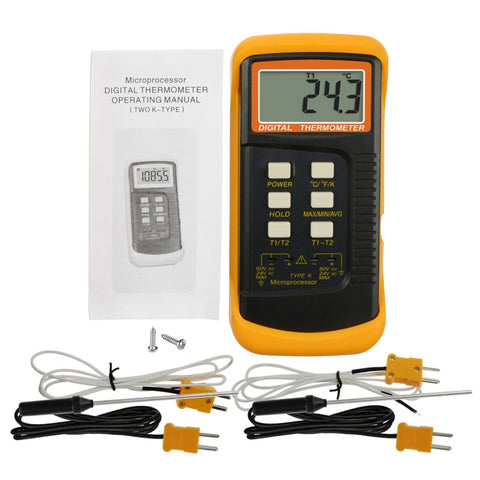 Digital 2 Channels K-Type Thermometer w/ 4 Thermocouples (Wired & Stainless Steel), -50~1300C (-58~2372F) Handheld Desktop High Temperature Kelvin