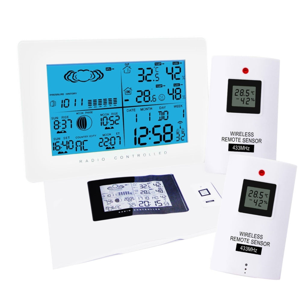 AOK-5019_2S Weather Station with 2 Wireless Sensors, with Time, Barometer Weather Forecast, Temperature, Humidity, Sunrise/ Sunset/ Moonrise/ Moonset, Date, Alarm & Snooze, Radio Controlled Clock RCC DST, 12/ 24-hour format, Indoor & Outdoor - Gain Express