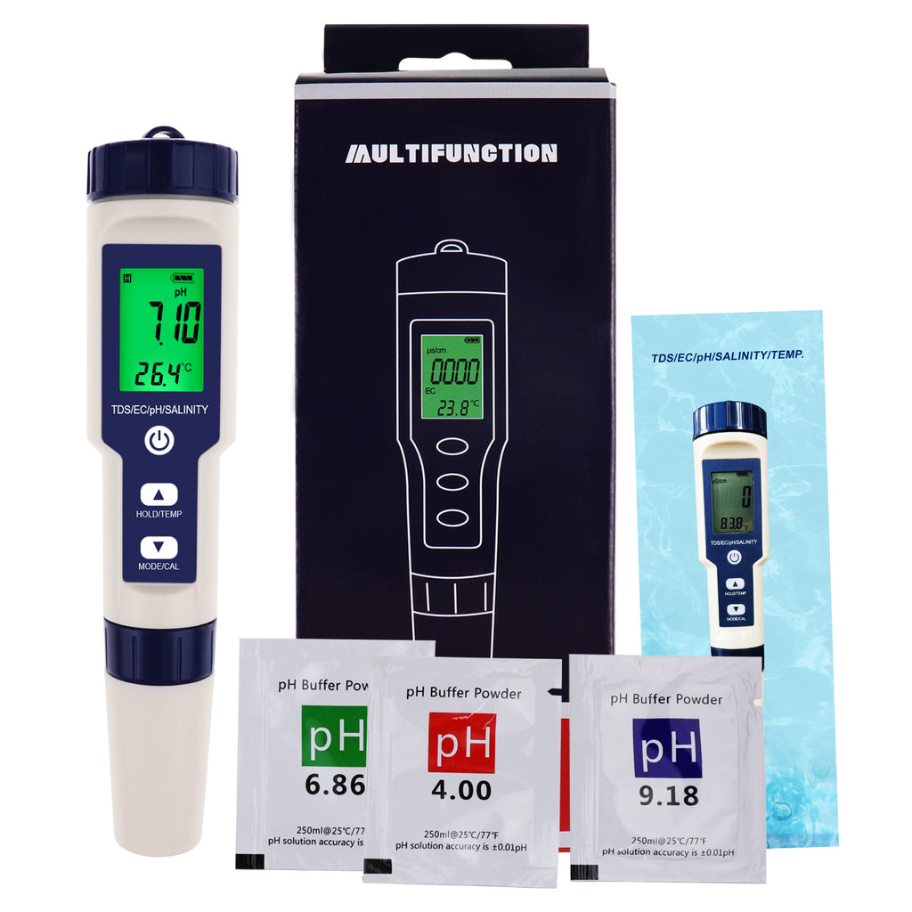 Denash Testeur de Qualité de l'eau, Portable 5 en 1 Fonction Test de  Qualité de l'eau Numérique PH/Salinité/Temp/TDS/EC Mètre pour Garden Home  Lab