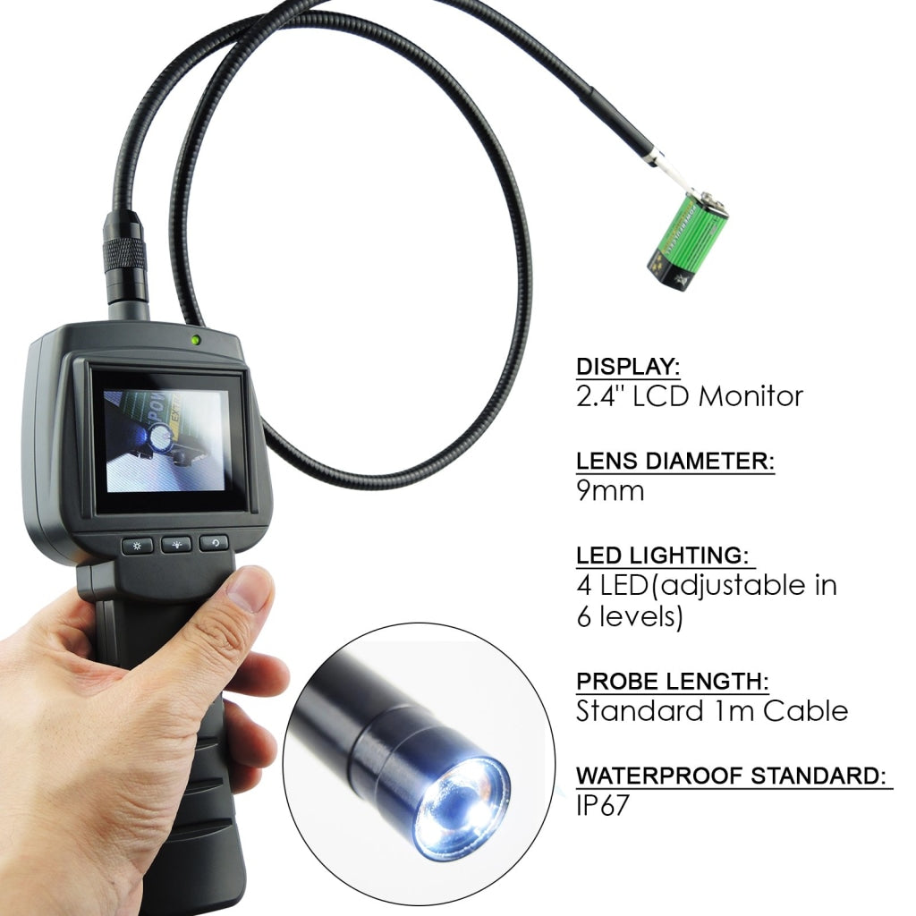 Vid-71_9_1M Industrial Inspection Camera 9Mm & 1M Cable With 4 Led 2.4 Hd Lcd Borescope Ip67