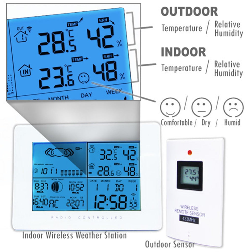 AOK-5019_2S Weather Station with 2 Wireless Sensors, with Time, Barometer Weather Forecast, Temperature, Humidity, Sunrise/ Sunset/ Moonrise/ Moonset, Date, Alarm & Snooze, Radio Controlled Clock RCC DST, 12/ 24-hour format, Indoor & Outdoor - Gain Express