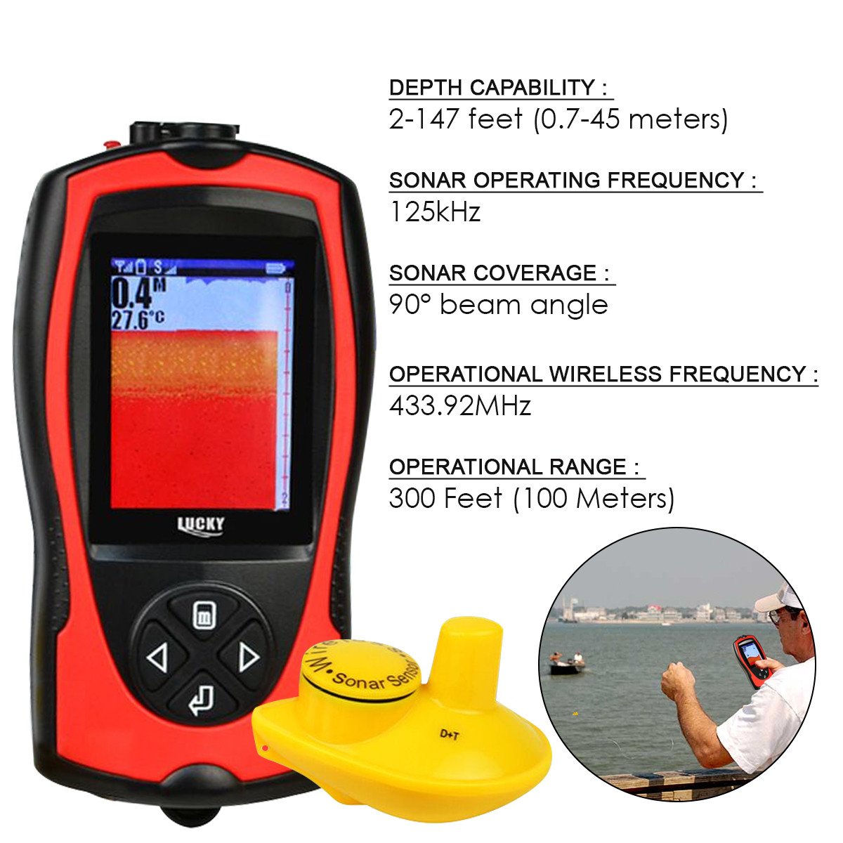 Ff-1108-1Cw Lucky Rechargeable Fish Finder 2~147Ft With Colored Lcd And Wireless Sensor (Fb)